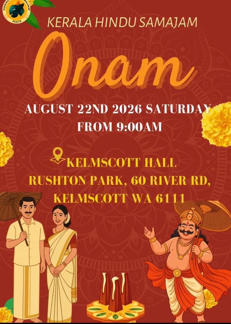Samajam Onam invitation: Saturday 22 August 2026 from 9:00 AM at Kelmscott Hall, Rushton Park, 60 River Road, Kelmscott WA 6111