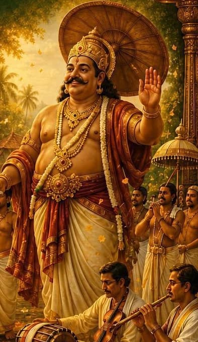 Illustration of King Mahabali, Maveli, greeting his people under a royal umbrella