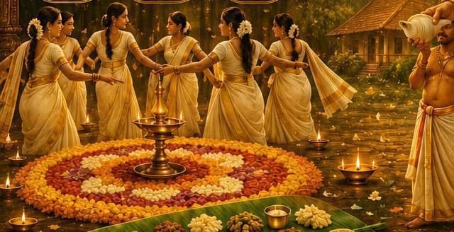 Women in kasavu saris dancing thiruvathira around a lamp beside a pookalam and a sadhya leaf